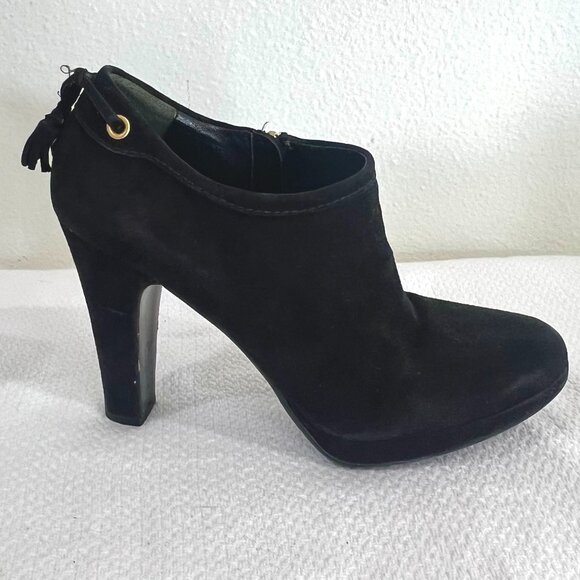 Car Shoe by Prada Black Suede Heeled Booties Size 8.5, Heeled Boots w/ Tassels - Picture 1 of 7
